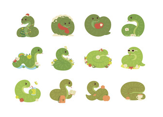 Cute green snake animal kawaii character set, symbol 2025 year. Wild reptile with tongue, serpent. Cartoon hand drawn style. Vector illustration