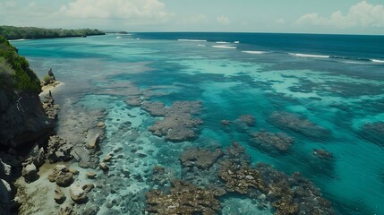 Coral reef along a rocky coastline provides a visual for marine conservation ads.