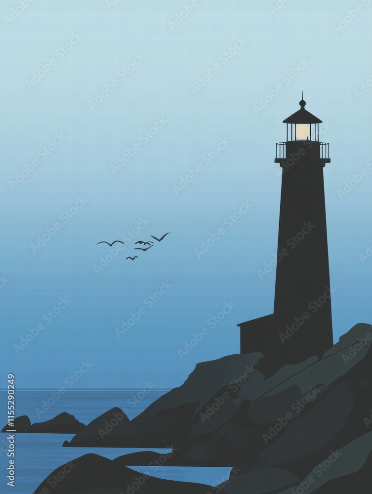 Poster lighthouse silhouette on a rocky coast at twilight captures serene beauty and minimalistic design wi