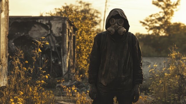 In a mesmerizing cryptic post-apocalyptic world, a lone figure clad in tattered black leather stands amidst overgrown ruins, the golden light of dusk casting