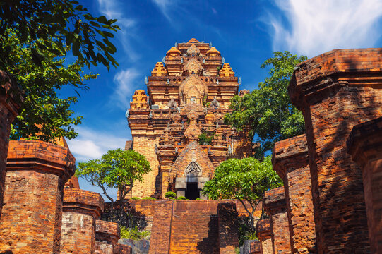 Po Nagar Cham Towers in Nha Trang in Vietnam. Ancient ruins of a Hindu temple in Asia in summer