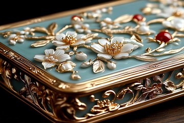 Ornate Gold Box Decorated With Delicate White Flowers