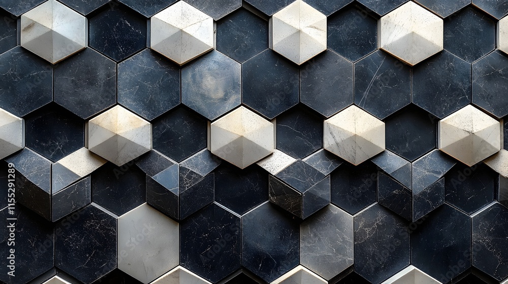 Poster close-up of a textured hexagon tile mosaic in shades of grey and white. abstract geometric pattern. 