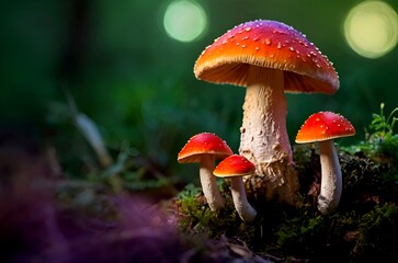 Whimsical scene, straight out of a fairy tale, where a patch of red mushrooms, like scattered jewels, adorns a velvety green lawn under a sky ablaze with color.