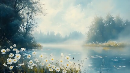 Serene Misty Morning: Digital Painting of Daisies by Tranquil Lake. AI Generated