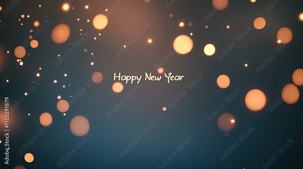 Poster festive and colorful background with glowing orbs and happy new year text celebrating the arrival of