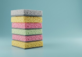 colorful sponges stacked on a light blue background, showcasing vibrant pink, yellow, and gray colors perfect for cleaning or kitchen supplies images