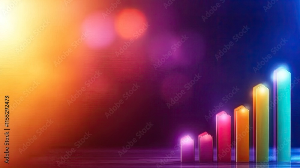 Poster colorful abstract graph background with rising bars and soft bokeh effect for business growth, succe