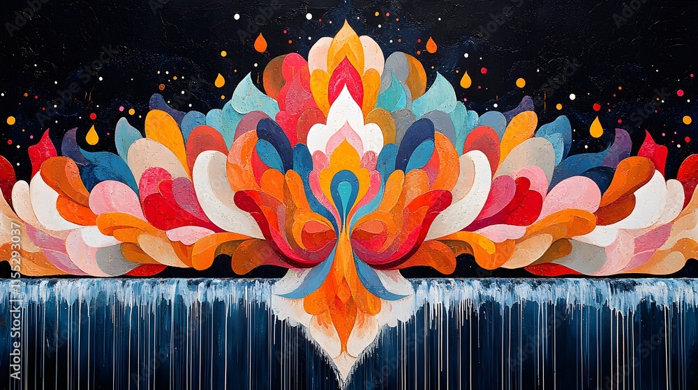 Poster a captivating abstract mural explodes with a vibrant palette. intricate shapes and flowing patterns 