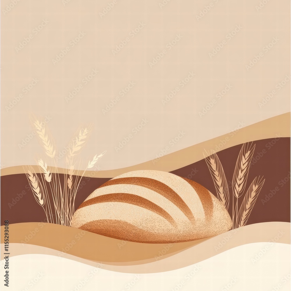 Poster minimalist bread loaf design featuring wheat grains in a serene setting with space for text and crea