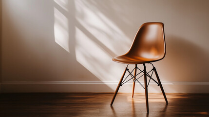 Minimalist modern chair in empty room with white walls.