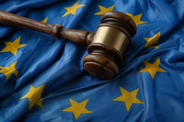 Judge's gavel on european union flag, representing european laws, jurisdiction, and legal proceedings