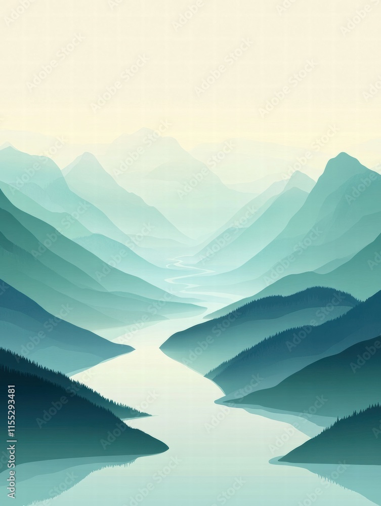 Poster winding river flows through serene mountain range with minimalist design for text placement and copy