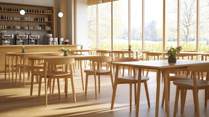A bright cafe interior featuring wooden tables and chairs, surrounded by large windows.