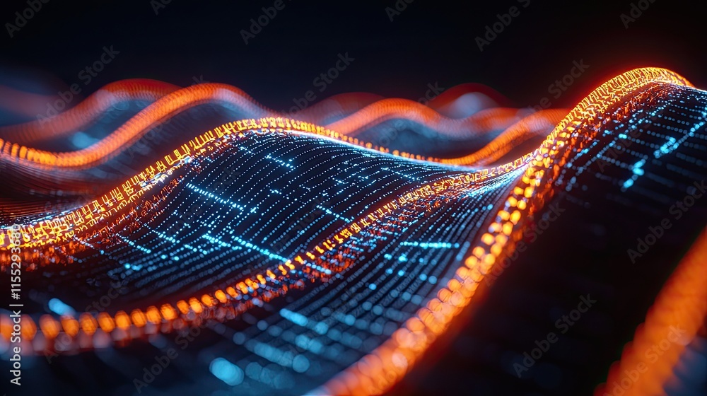 Aufkleber abstract colorful wave pattern with glowing lines and digital particles on a dark background, repres