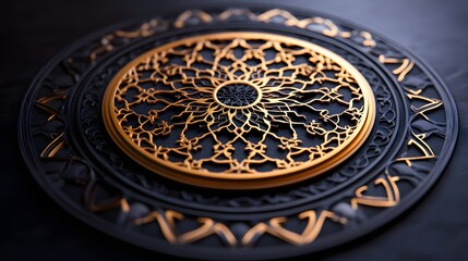 Obraz premium Close-up of an ornate golden mandala design on a black background. The intricate details showcase exceptional craftsmanship. A Symphony of Black and Gold Mandala.