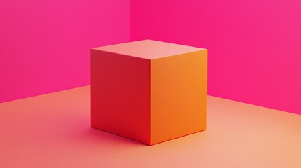 A vibrant 3D cube sits in a colorful setting of pink and orange hues.