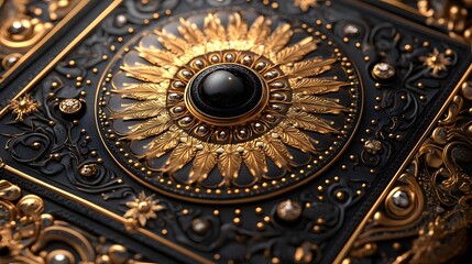 Obraz premium Close-up view of an ornate black and gold design. Intricate details and luxurious textures. Rich, elegant aesthetic. Opulent Black and Gold Ornate Design: A Close-Up of Intricate Details
