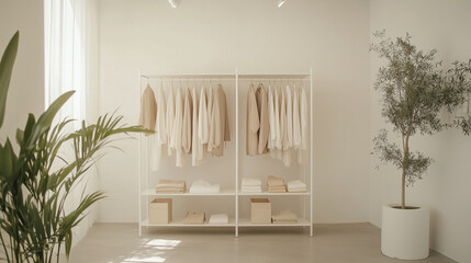 Minimalist closet with neutral clothes and clean white shelving