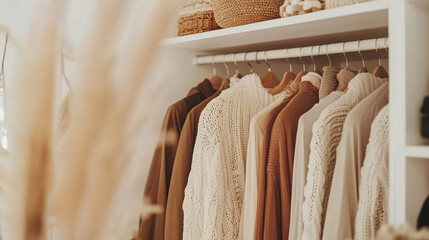 Minimalist closet with neutral clothes and clean white shelving