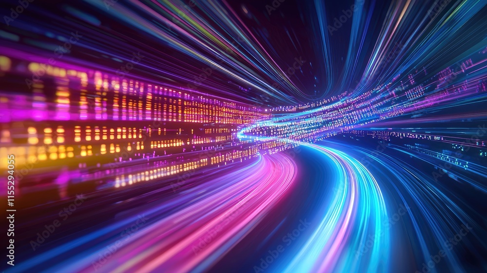 Poster dynamic light trails in a futuristic digital landscape with vibrant colors and abstract patterns rep