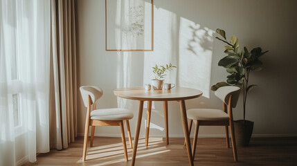 Simple dining area with wooden table and two chairs