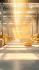 Sunlit warehouse; stacked boxes; vast, empty space.