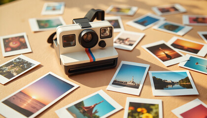 Polaroid camera with scattered instant photos on a table
