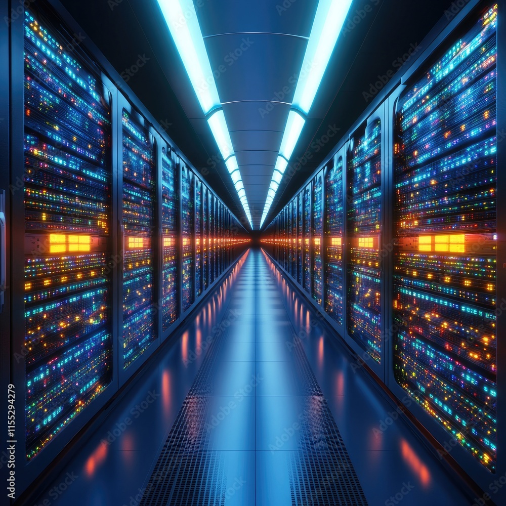 Poster futuristic data center corridor with bright led server racks and glowing lights in high-tech environ