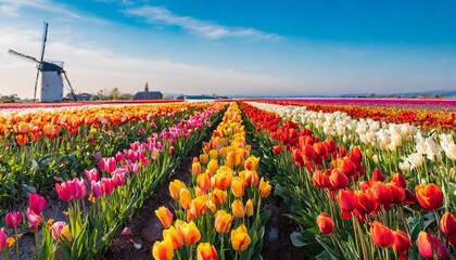 Field of tulips in full bloom with a blue sky backdrop