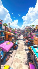 Brightly colored street scene, shops, sunny day.