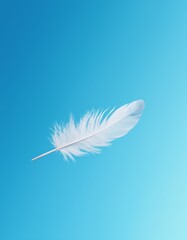 A white feather floating in the air on a blue background