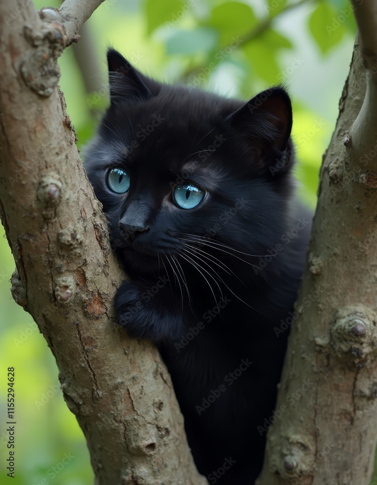 Canvas Prints A black cat with blue eyes peeking out from behind a tree