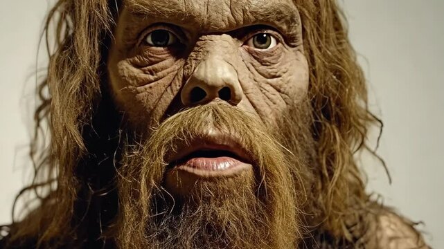 Ancient human figure exhibit showcasing realistic features and textures in a museum setting