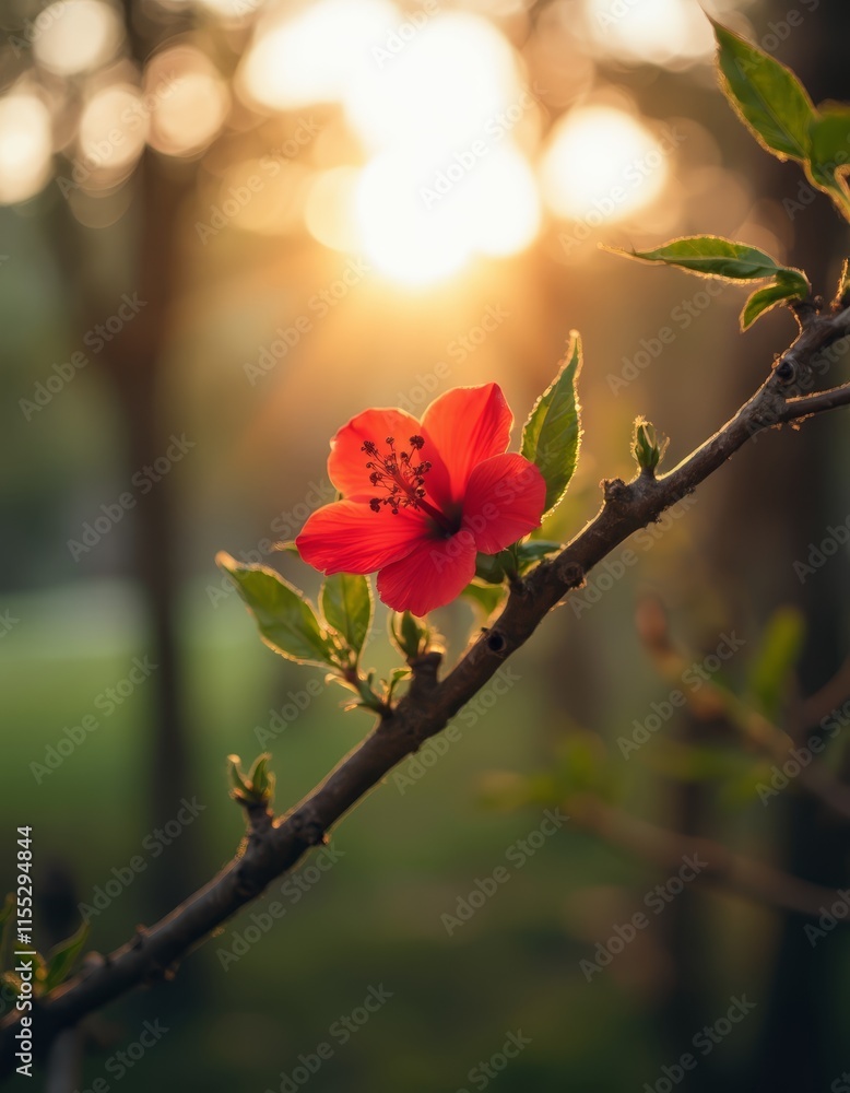Poster a single red flower on a tree branch with the sun setting in the background