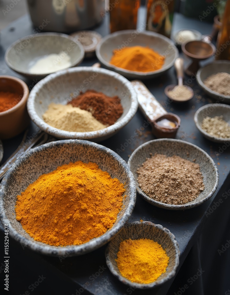 Aufkleber a table topped with bowls filled with different types of spices