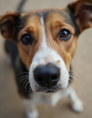 A close up of a dog looking up at the camera