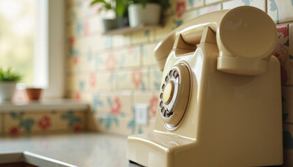 Retro cream rotary phone on a floral kitchen counter
