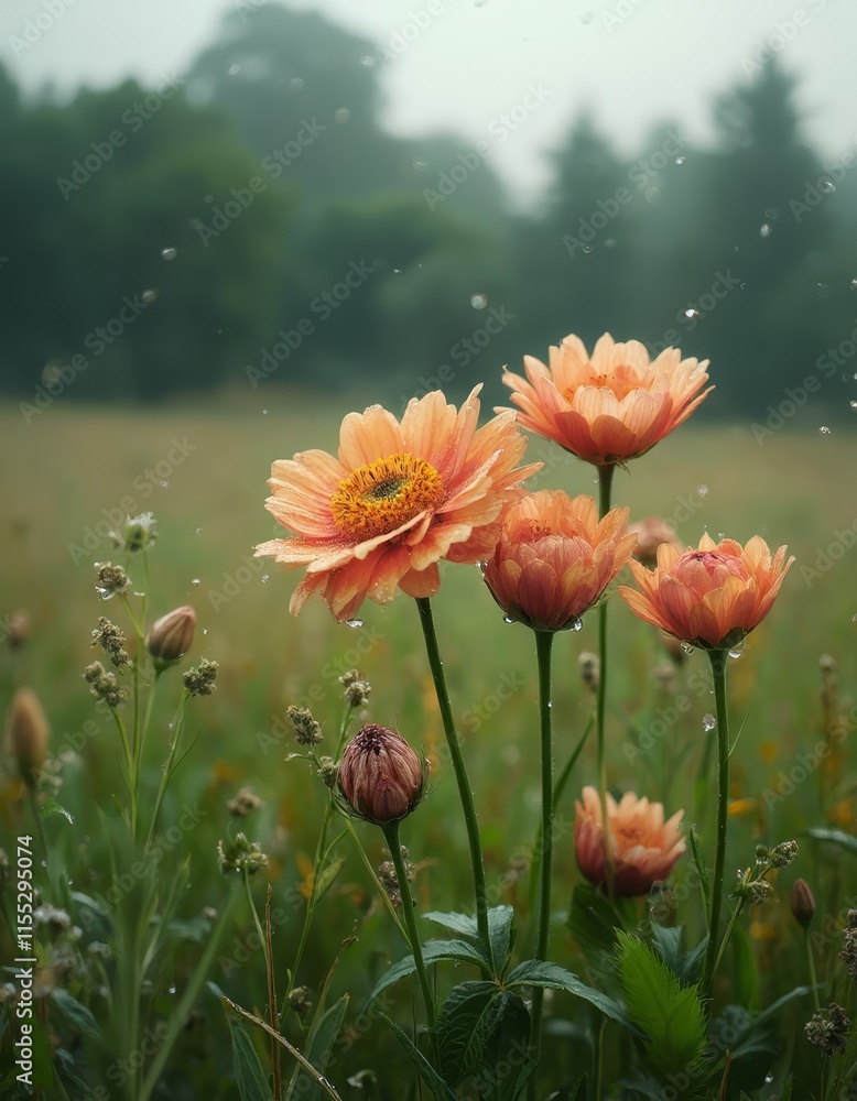 Canvas Prints A field of orange flowers with water droplets on them