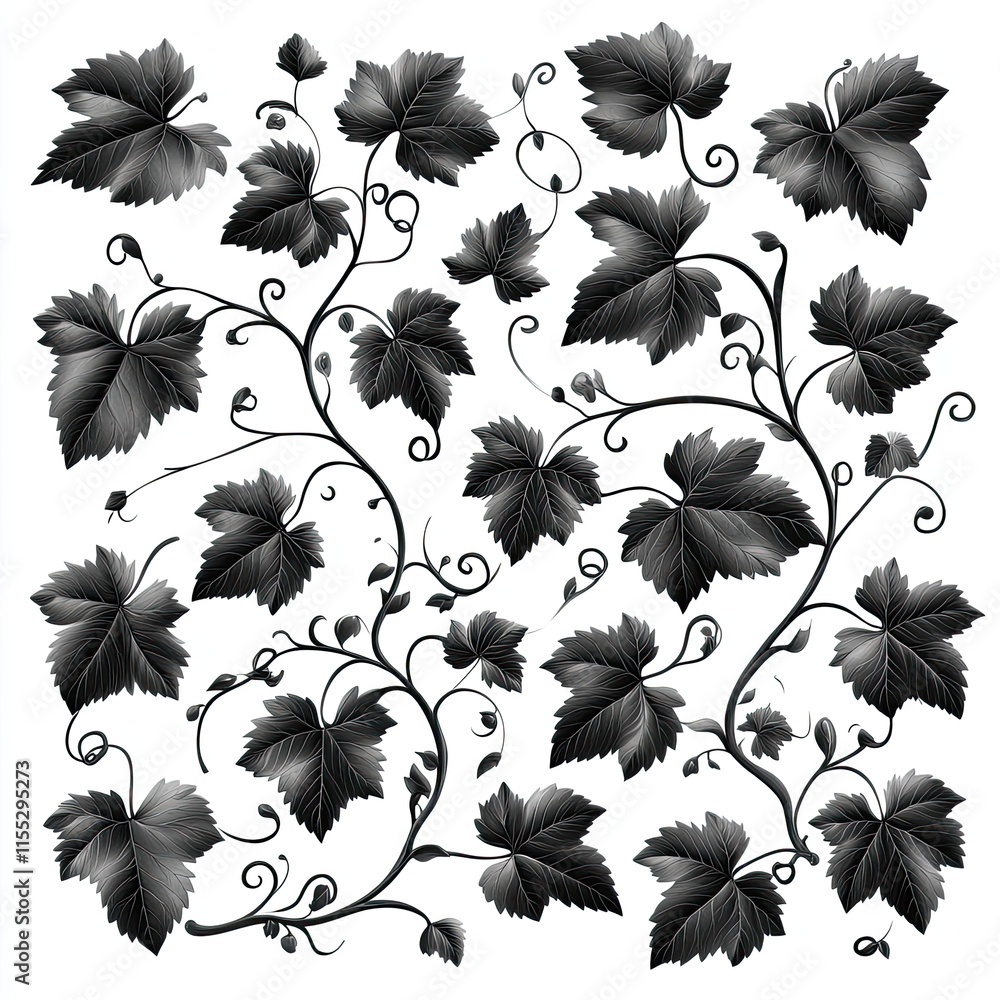 Poster intricate black and white grapevine leaf pattern with decorative swirls and artistic details for ele