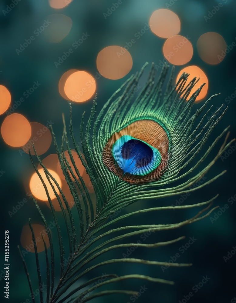 Poster a peacock feather on a dark background with bokeh lights
