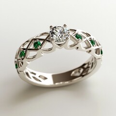 Silver engagement ring with emerald accents and central diamond
