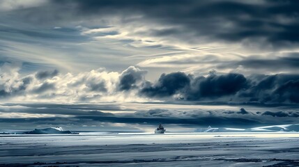 Storm clouds over an icy arctic ocean landscape for an advertising background.