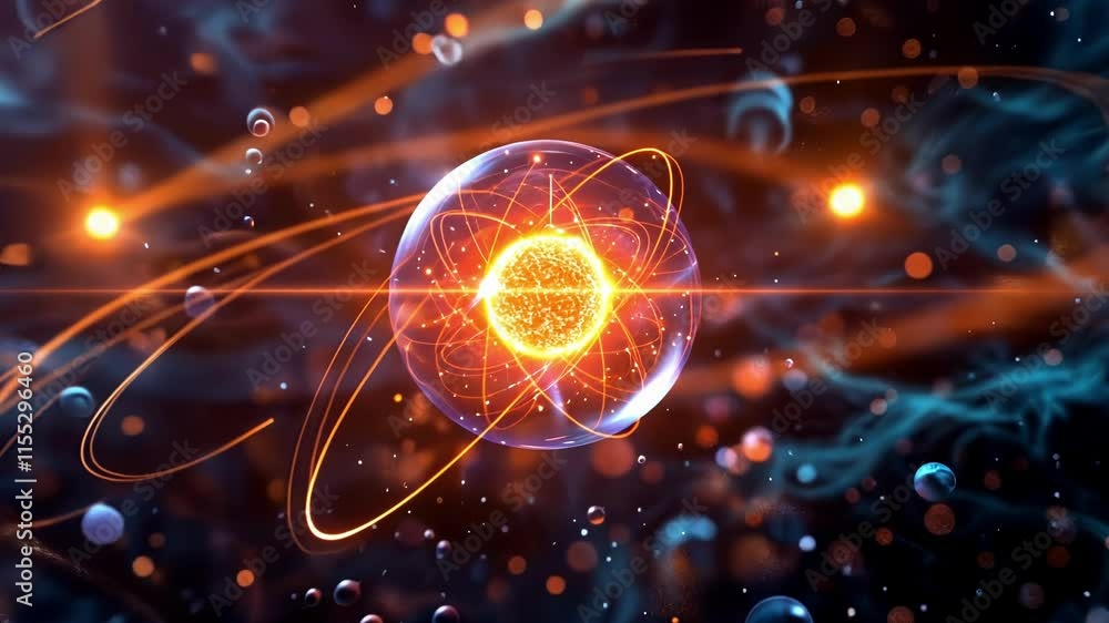 Poster a 3d representation of electron clouds in a layered formation around an atom.