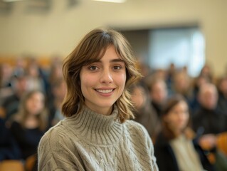A smiling female lecturer in a cozy sweater is captured helping students in a classroom setting, creating a warm and welcoming atmosphere.