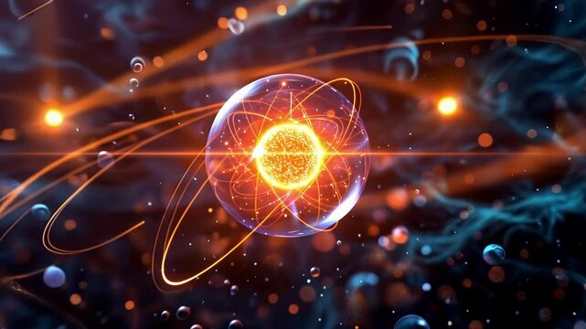 A 3D representation of electron clouds in a layered formation around an atom.