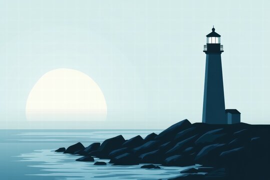 Silhouette of a lighthouse on a rocky coast at sunset with space for text. Generative AI