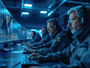 A team of software developers wearing headsets are focused on their screens in a dimly lit office, indicating a serious and immersive working environment.