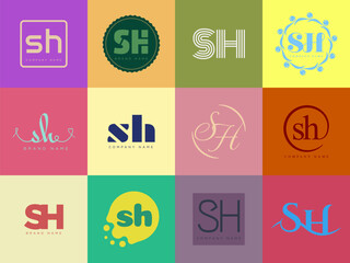 SH logo company template. Letter s and h logotype. Set different classic serif lettering and modern bold text with design elements. Initial font typography.