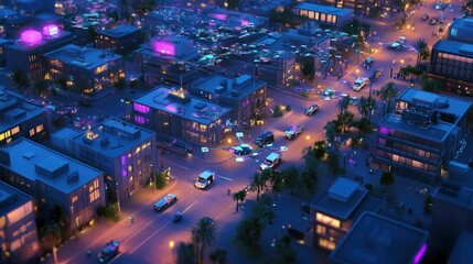 Obraz premium Night city scene; vehicle aerial pursuit; glowing buildings.